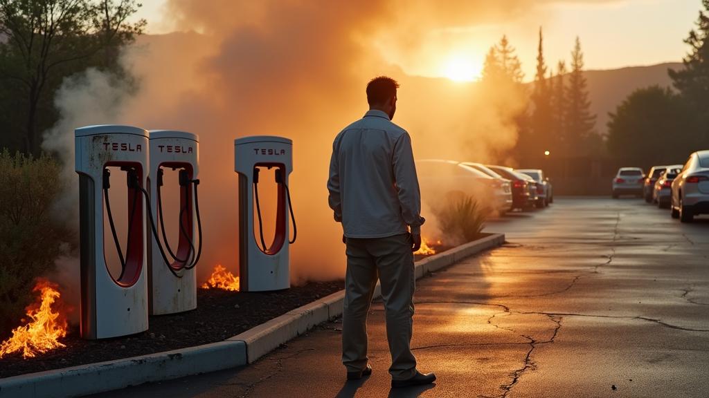 Tesla Charging Station Arsonist Flees with Clothes on Fire